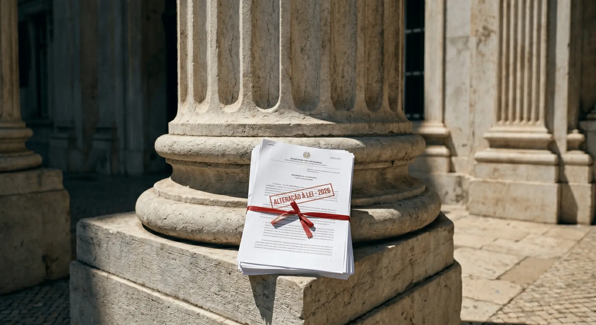 Uma pilha de documentos legais oficiais carimbados com 'Alteração à Lei - 2026' pousados na base de uma coluna histórica de mármore português, sob forte luz solar.