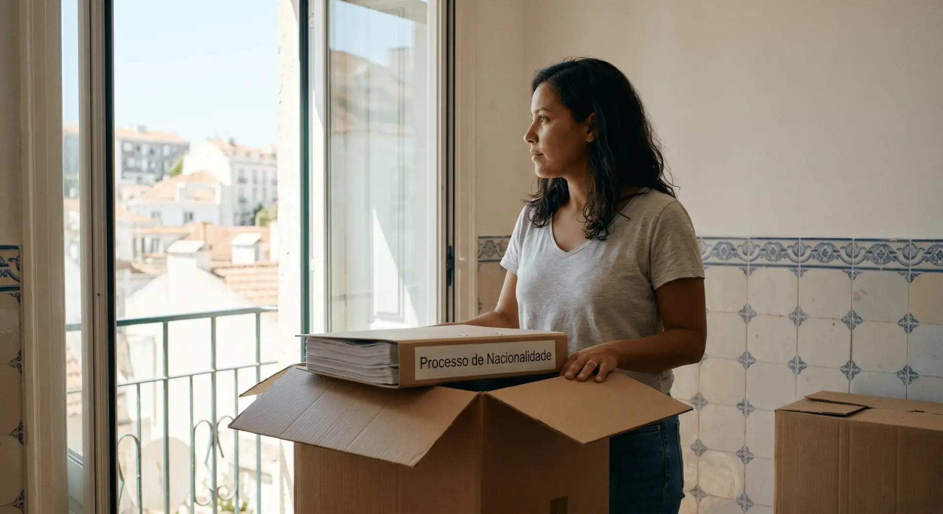 Uma mulher estrangeira a desempacotar caixas num apartamento luminoso em Lisboa, a olhar com esperança pela janela enquanto segura uma pasta marcada com 'Processo de Nacionalidade'.
