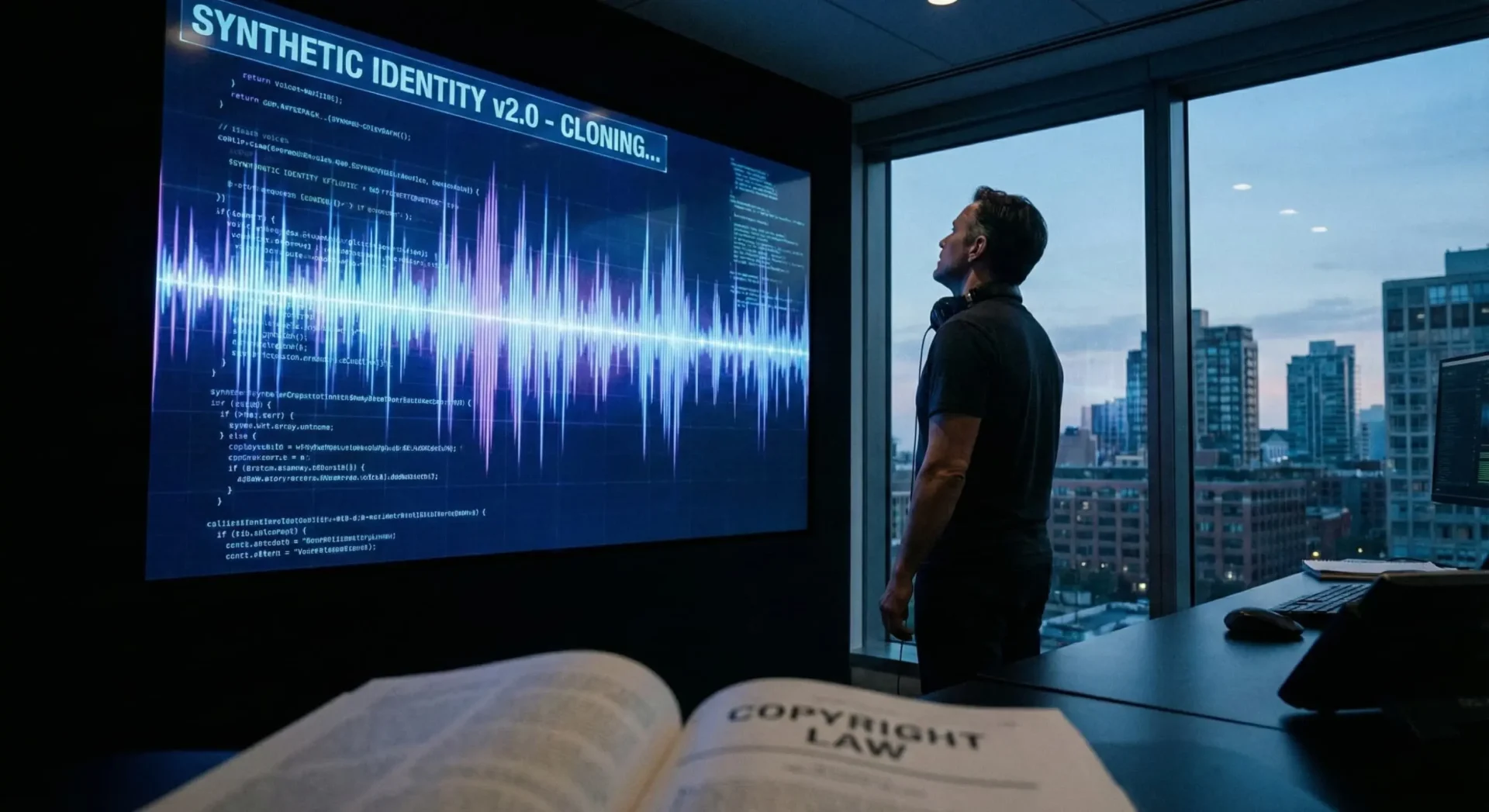 A voice artist standing in a dark studio looking at a massive wall screen displaying a glowing synthetic voice waveform and code, visualizing the conflict between human identity and AI cloning laws.