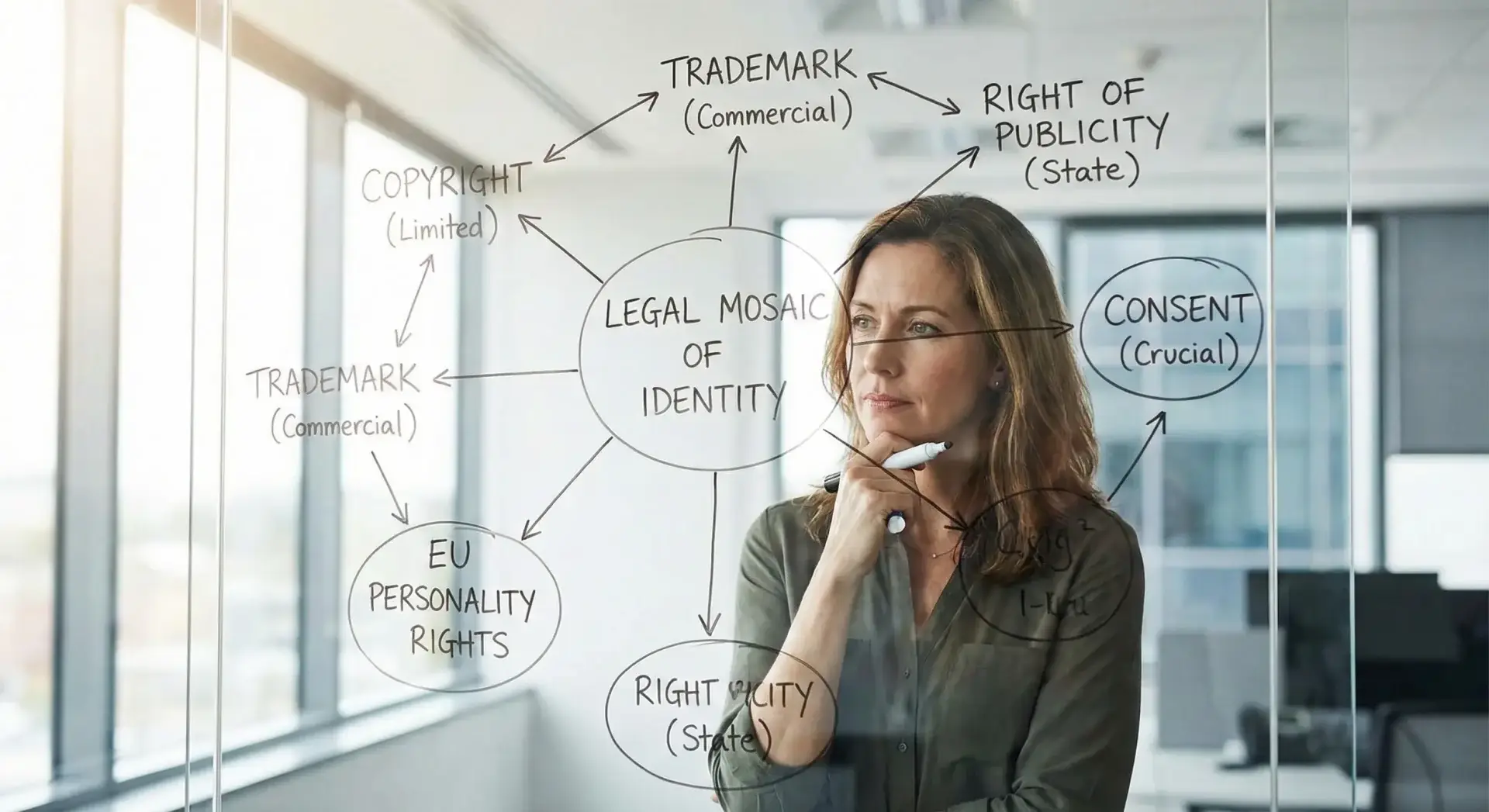 A legal strategist writing on a glass whiteboard, connecting terms like Copyright, Trademark, and Consent to map out a comprehensive protection strategy for AI identity rights.
