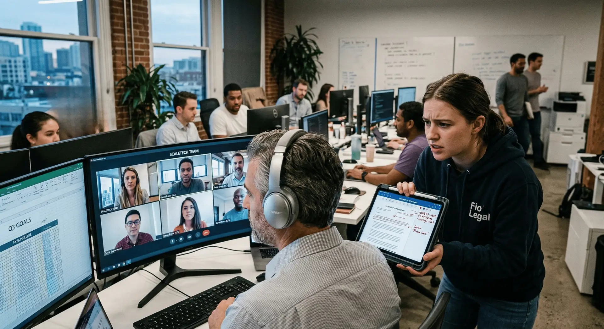 Uma advogada júnior com um tablet a interromper um Diretor Jurídico ocupado numa videochamada, representando o escalonamento desnecessário de problemas simples num departamento jurídico corporativo.