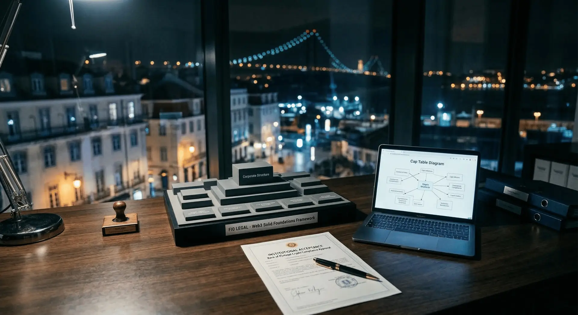 Uma maqueta arquitetónica física a representar a estrutura societária Web3 e o compliance jurídico, em cima de uma secretária com um portátil e um documento carimbado, com a vista noturna de Lisboa ao fundo.
