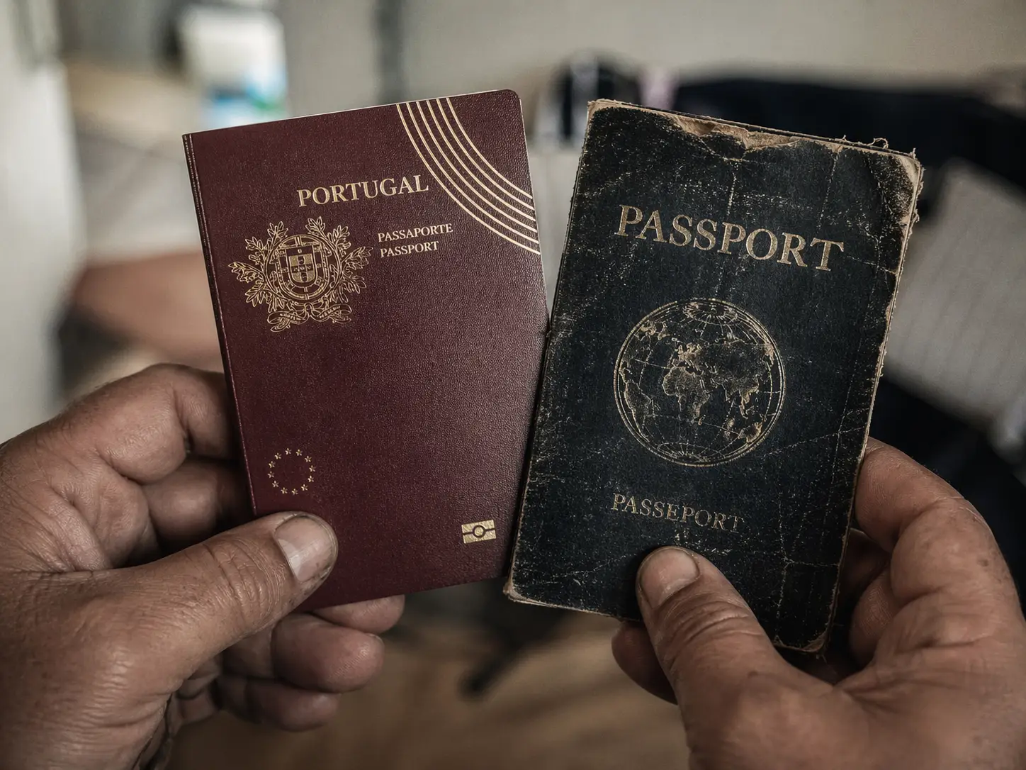 Uma fotografia documental em grande plano de mãos marcadas pelo tempo a segurar um passaporte português cor de vinho ao lado de um passaporte estrangeiro escuro e desgastado, simbolizando a divisão legal dentro de uma família imigrante.