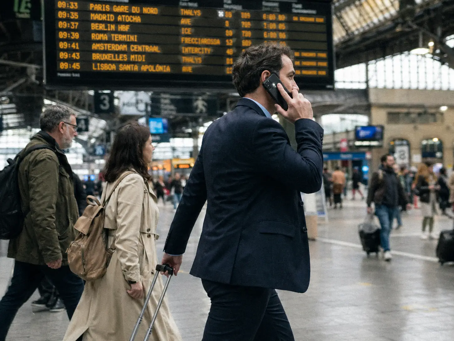 Uma fotografia dinâmica de um profissional focado a caminhar por uma estação de comboios europeia, representando a mobilidade sem fronteiras e a expansão das startups.
