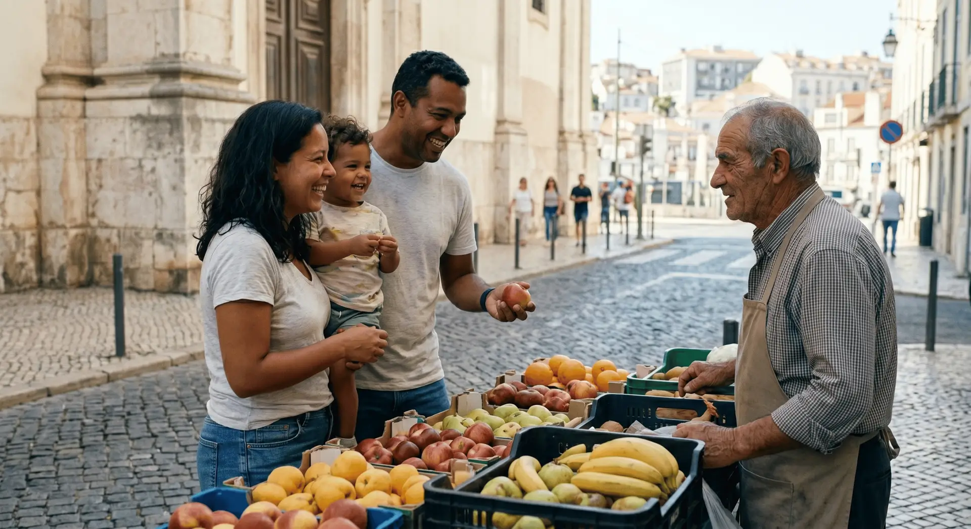 Uma família estrangeira diversa a sorrir e a comprar fruta fresca a um vendedor local tradicional numa rua de calçada em Portugal, ilustrando a integração cultural.