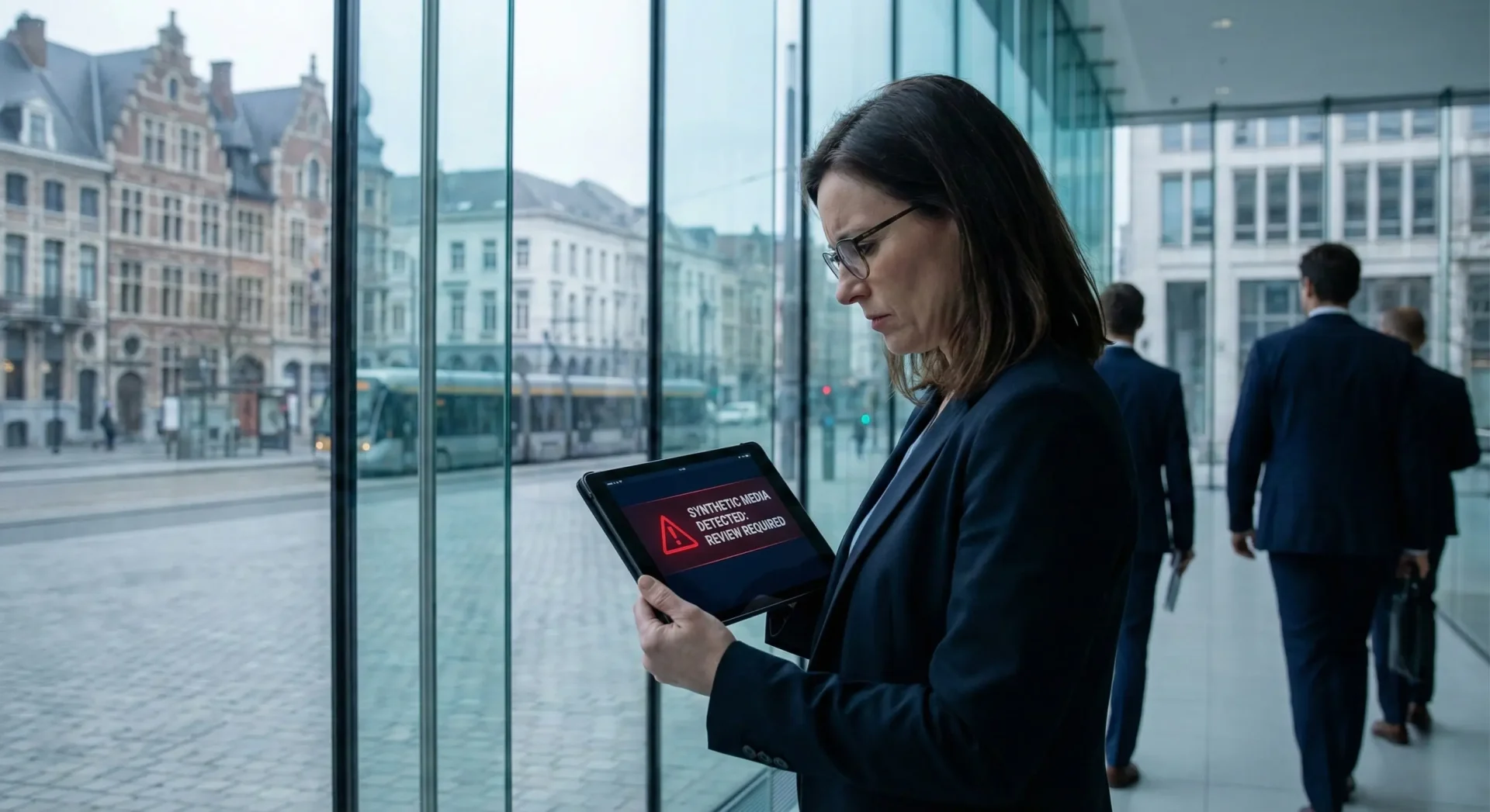 A corporate compliance officer in a Brussels office holding a tablet that displays a