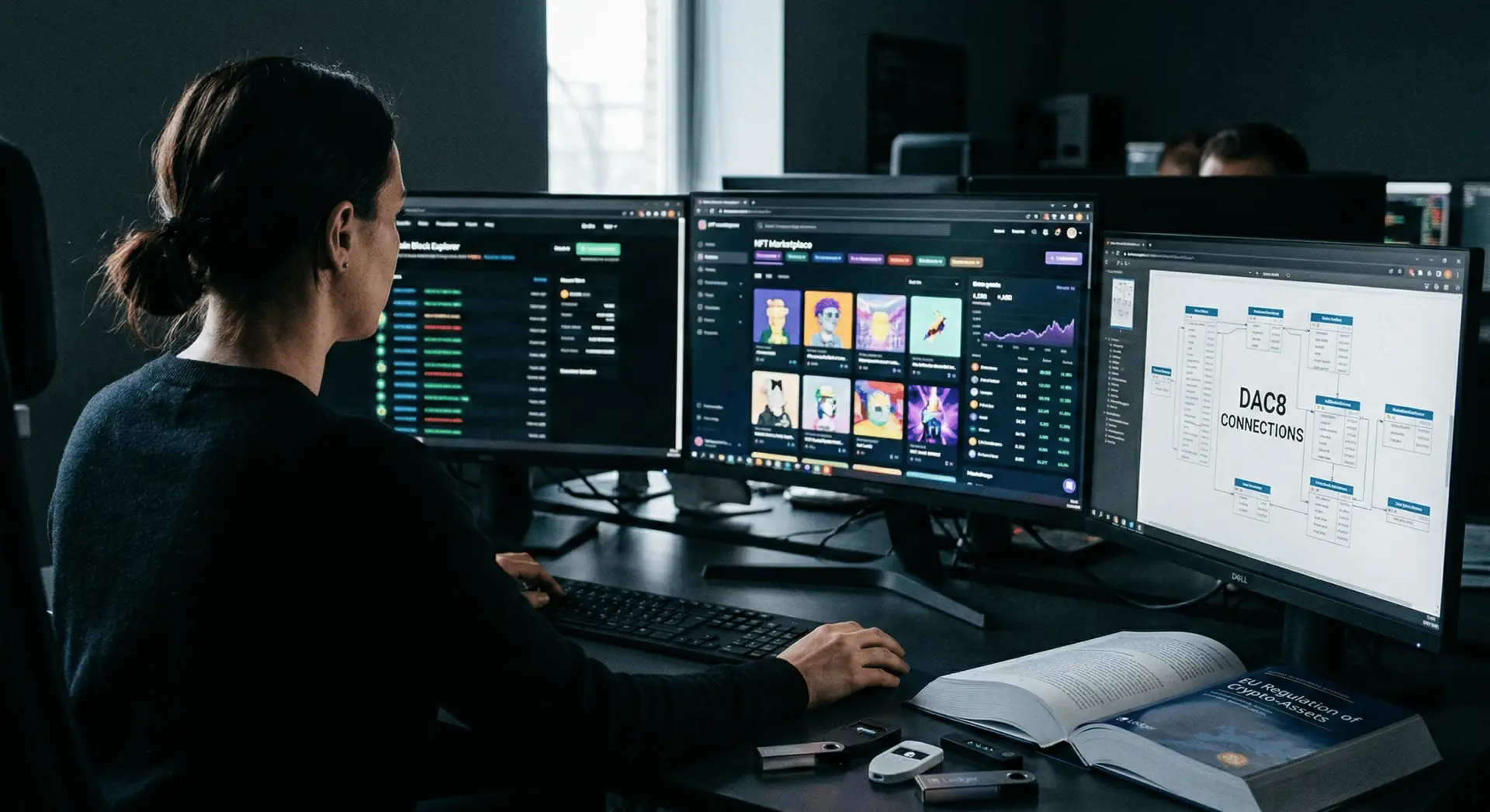 Uma analista de dados a trabalhar em múltiplos monitores que exibem o ecossistema cripto e uma base de dados de conexões DAC8 numa sala escura.