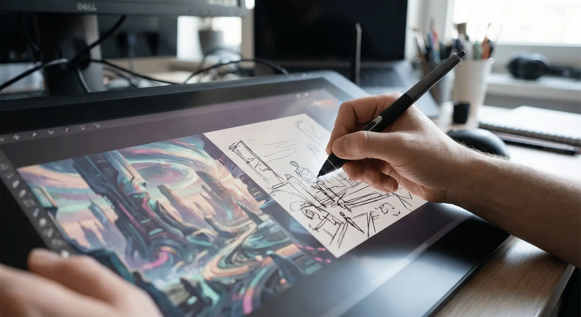 Grande plano da mão de um artista digital a usar uma caneta stylus num tablet gráfico para adicionar esboços manuais humanos sobre uma paisagem complexa de ficção científica gerada por IA, ilustrando a autoria necessária.