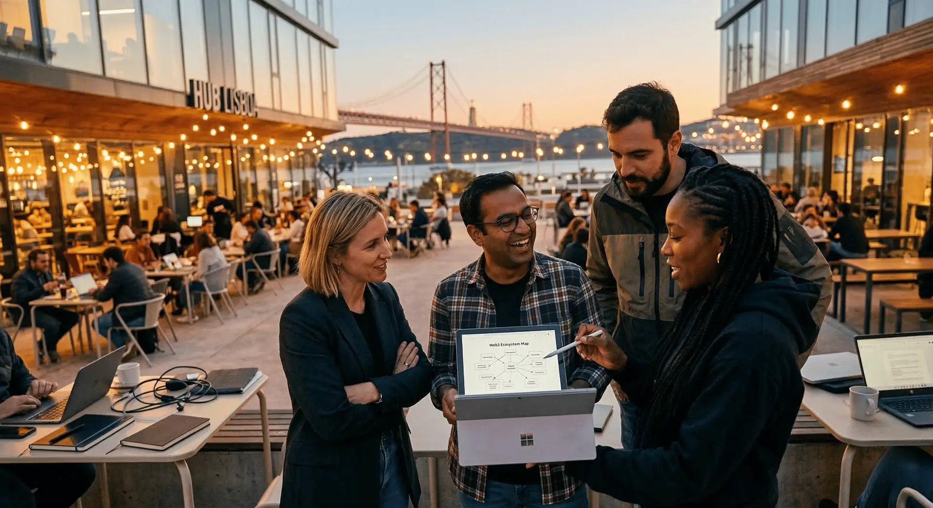 Um grupo diverso de fundadores Web3 a colaborar e a analisar um mapa do ecossistema num tablet, num pátio ao ar livre de um hub tecnológico em Lisboa durante o pôr do sol.