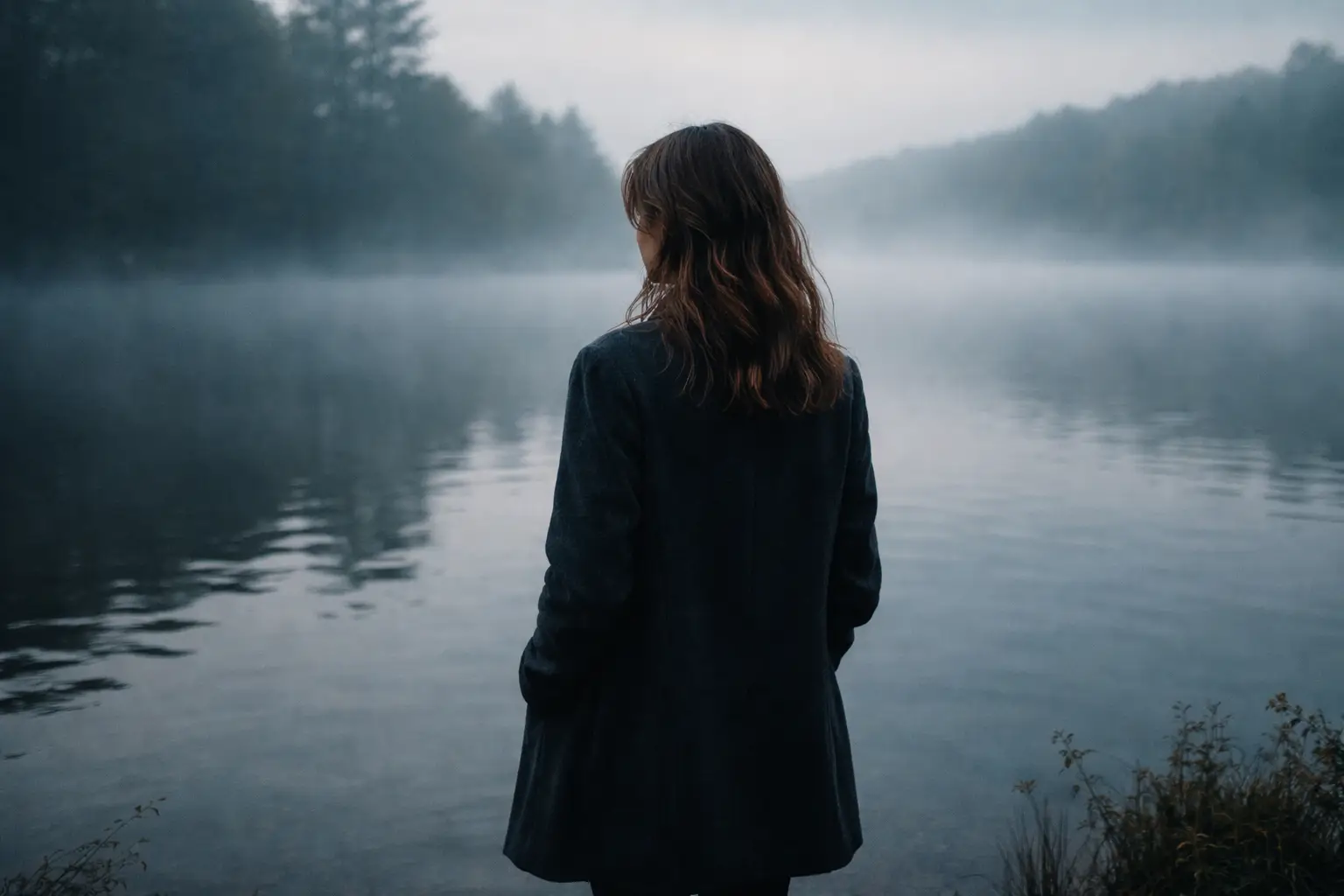 Imagem melancólica de uma mulher junto a um lago enevoado, evocando a temática artística de Ofélia e a inspiração da obra original de Taylor Swift.