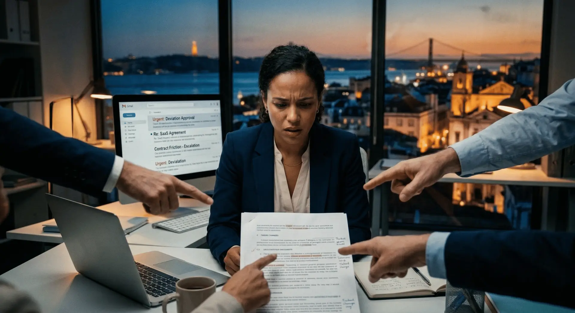 Uma profissional jurídica stressada à secretária enquanto vários colegas apontam para diferentes cláusulas num contrato impresso, ilustrando a ambiguidade na decisão e a fricção no fluxo de trabalho.