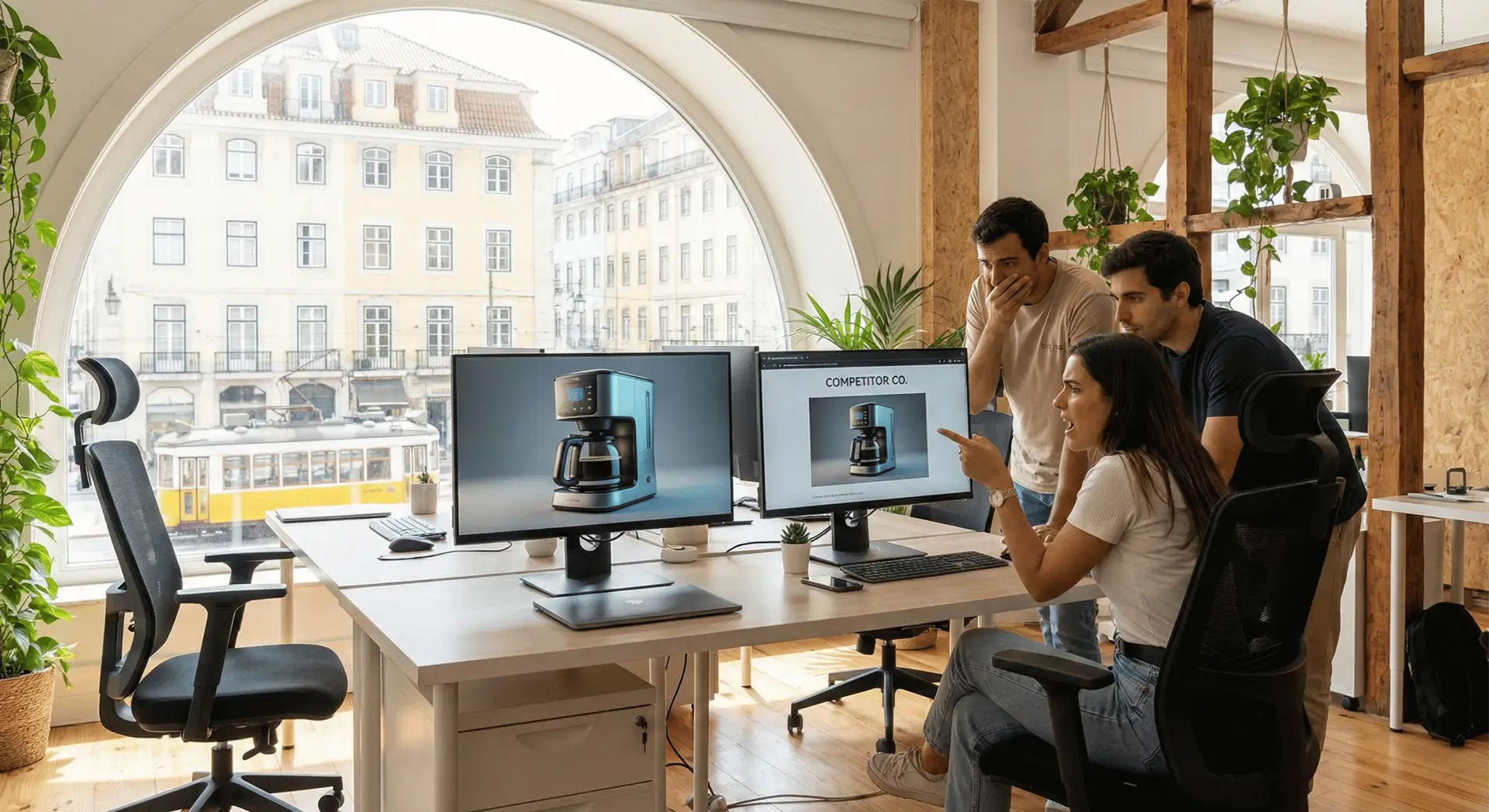 Equipa de marketing de uma startup num escritório em Lisboa a apontar com frustração para dois monitores, um a mostrar o seu design de produto original e o outro a mostrar uma cópia idêntica num anúncio de venda da concorrência.