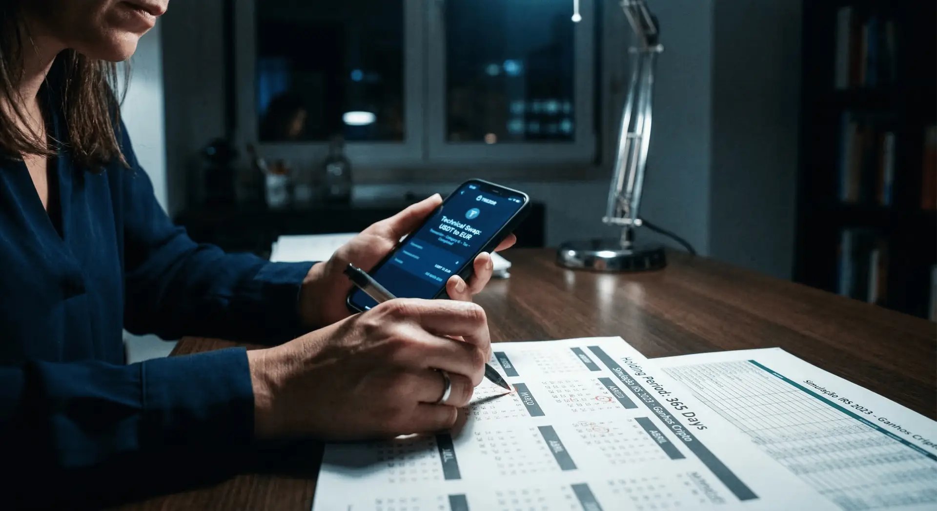 Um grande plano de mãos a segurar um smartphone com uma interface de conversão cripto ao lado de um calendário com o período de detenção de 365 dias assinalado para efeitos fiscais.