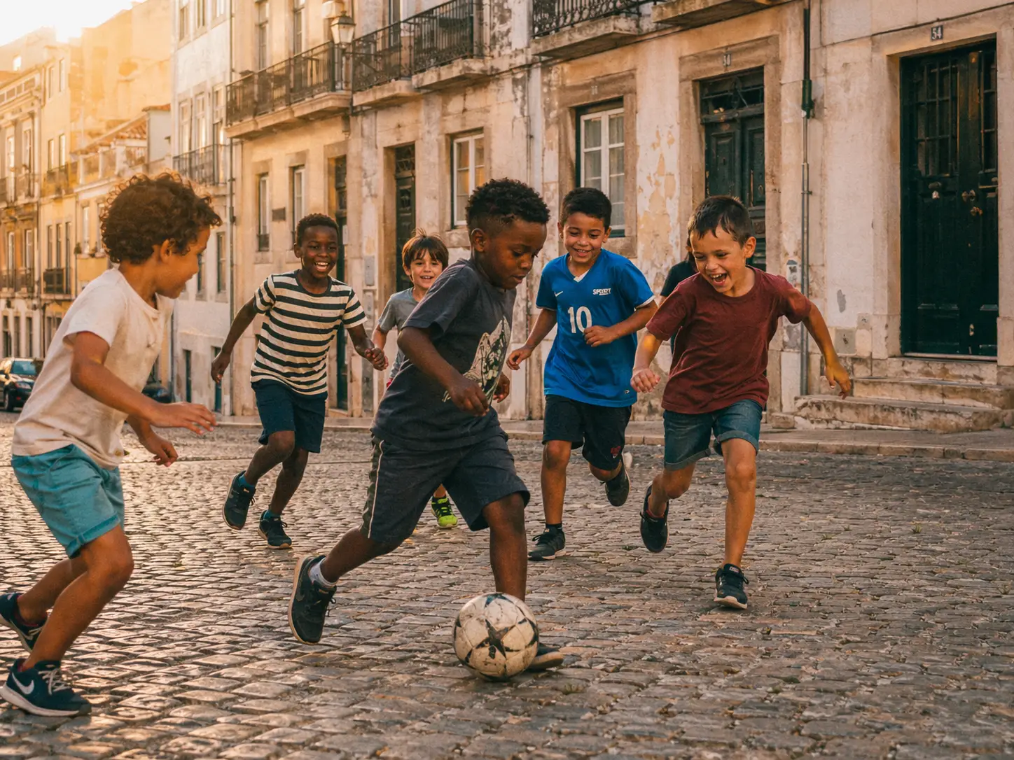 Uma fotografia documental vibrante de um grupo diverso de crianças a jogar futebol numa praça ensolarada em Portugal, representando a verdadeira integração social e pertença.