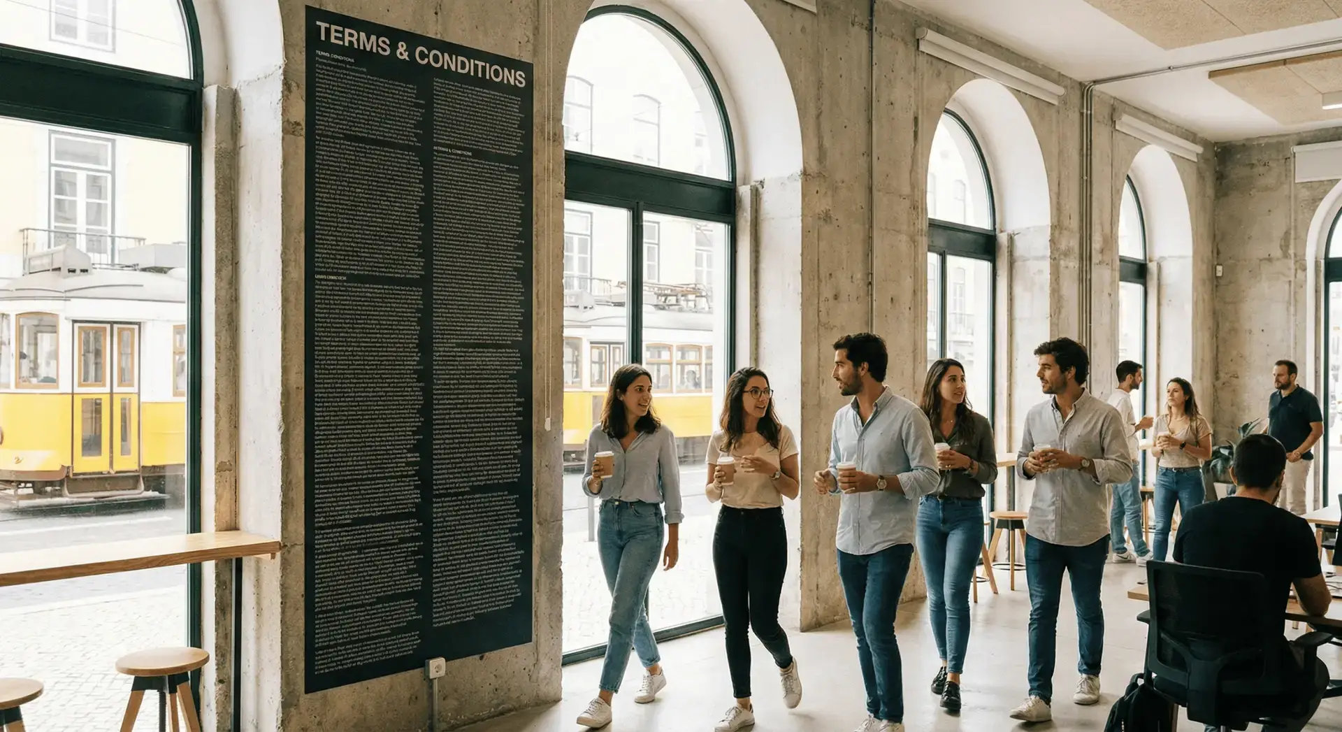 Jovens profissionais num espaço de coworking moderno em Lisboa a passar por um vinil de parede gigante com texto ilegível de Termos e Condições, ilustrando como os utilizadores ignoram contratos passivos.