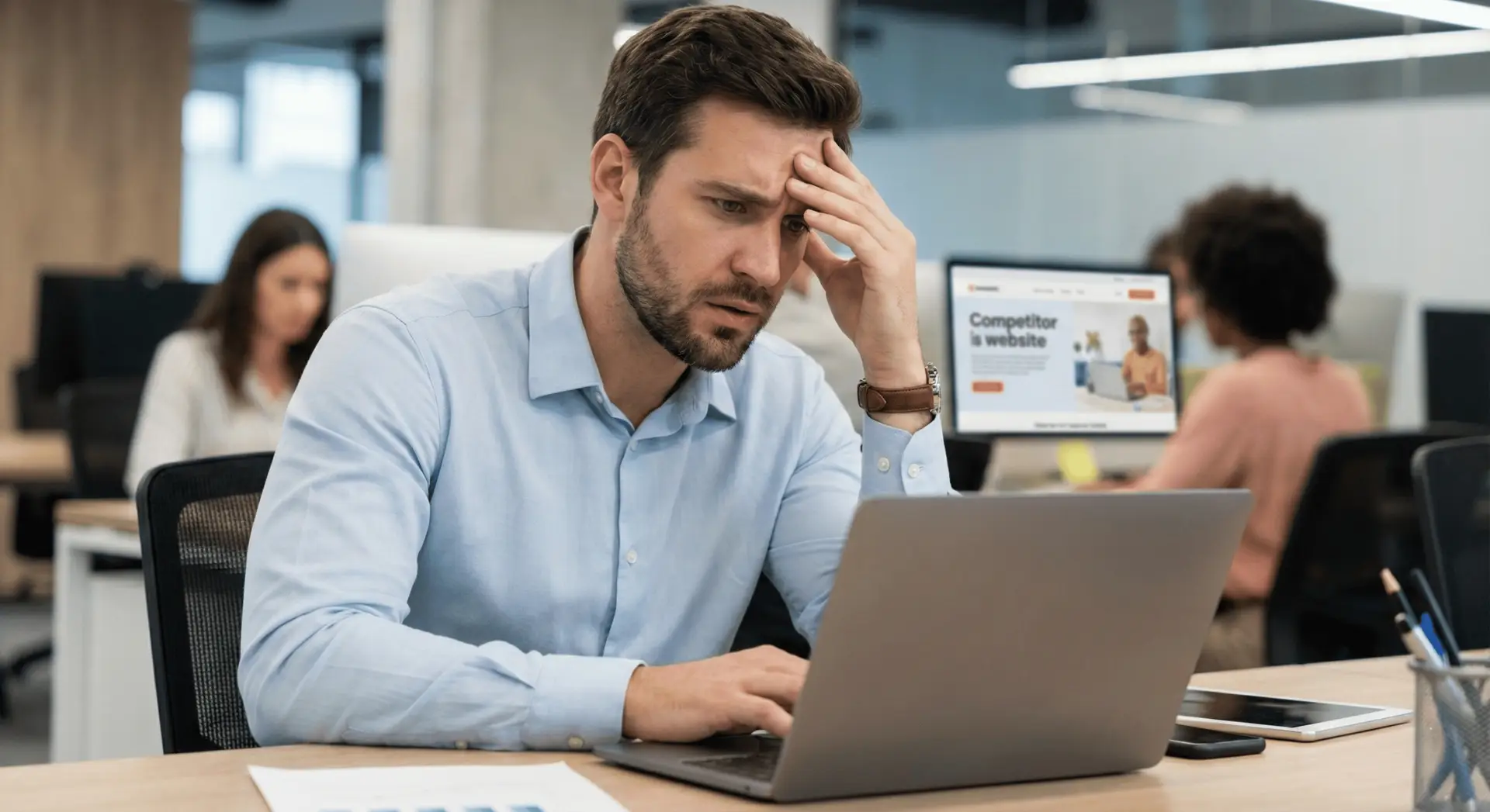 Foto realista de um empreendedor preocupado num espaço de coworking a olhar para o ecrã do portátil, representando a frustração ao descobrir que um concorrente lançou um produto semelhante.