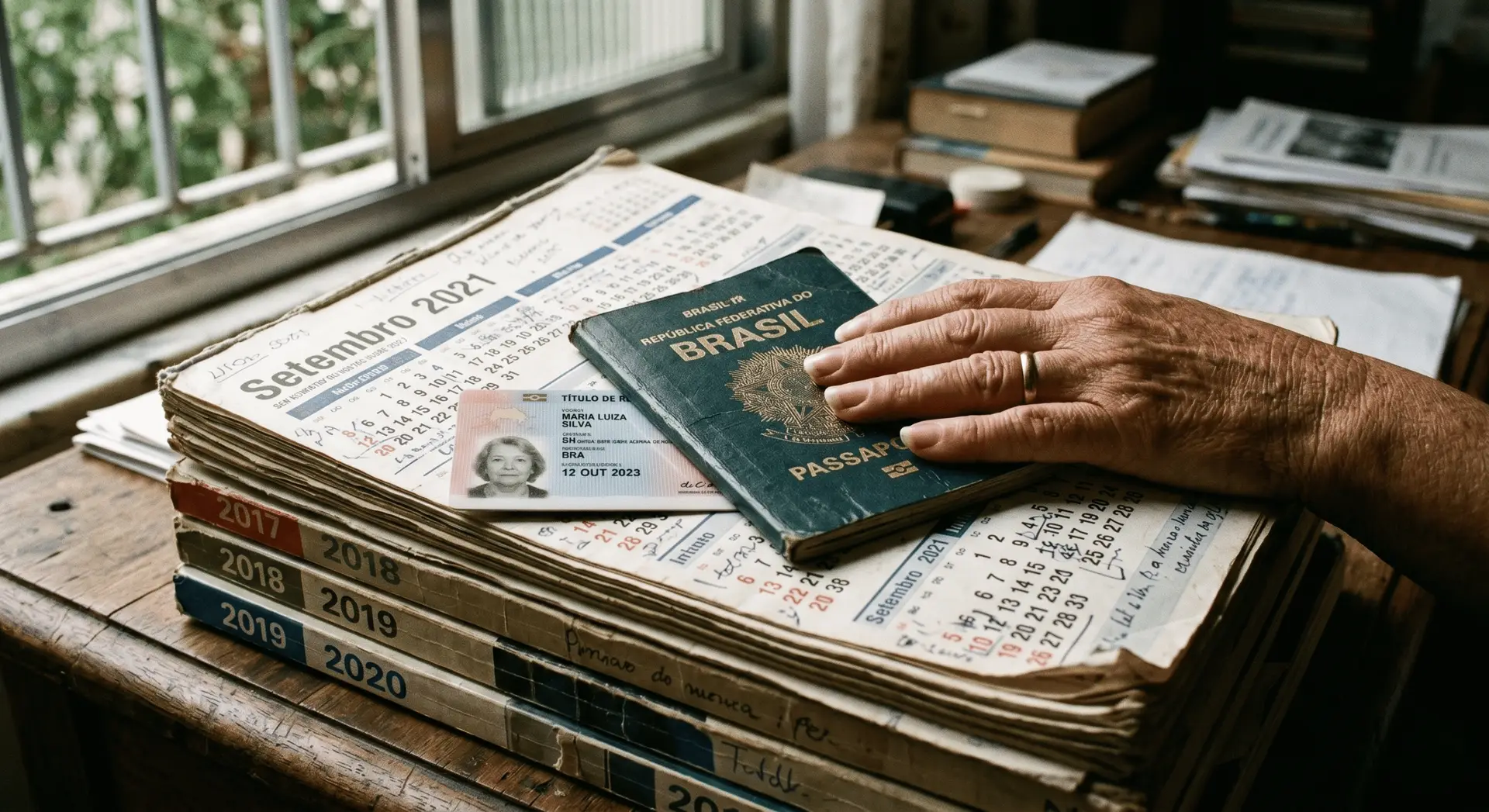 Uma fotografia documental realista em grande plano de uma mão pousada sobre um título de residência português e um passaporte internacional desgastado, em cima de uma pilha de calendários de parede antigos que abrangem vários anos, sob luz natural do dia.