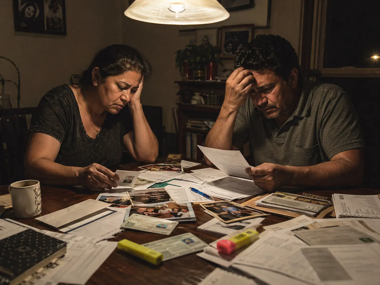 Uma fotografia documental realista de um casal imigrante sentado a uma mesa de jantar com pouca luz à noite, com ar preocupado enquanto analisa documentos legais densos, cartões de residência e fotografias de família sob uma luz quente de teto.