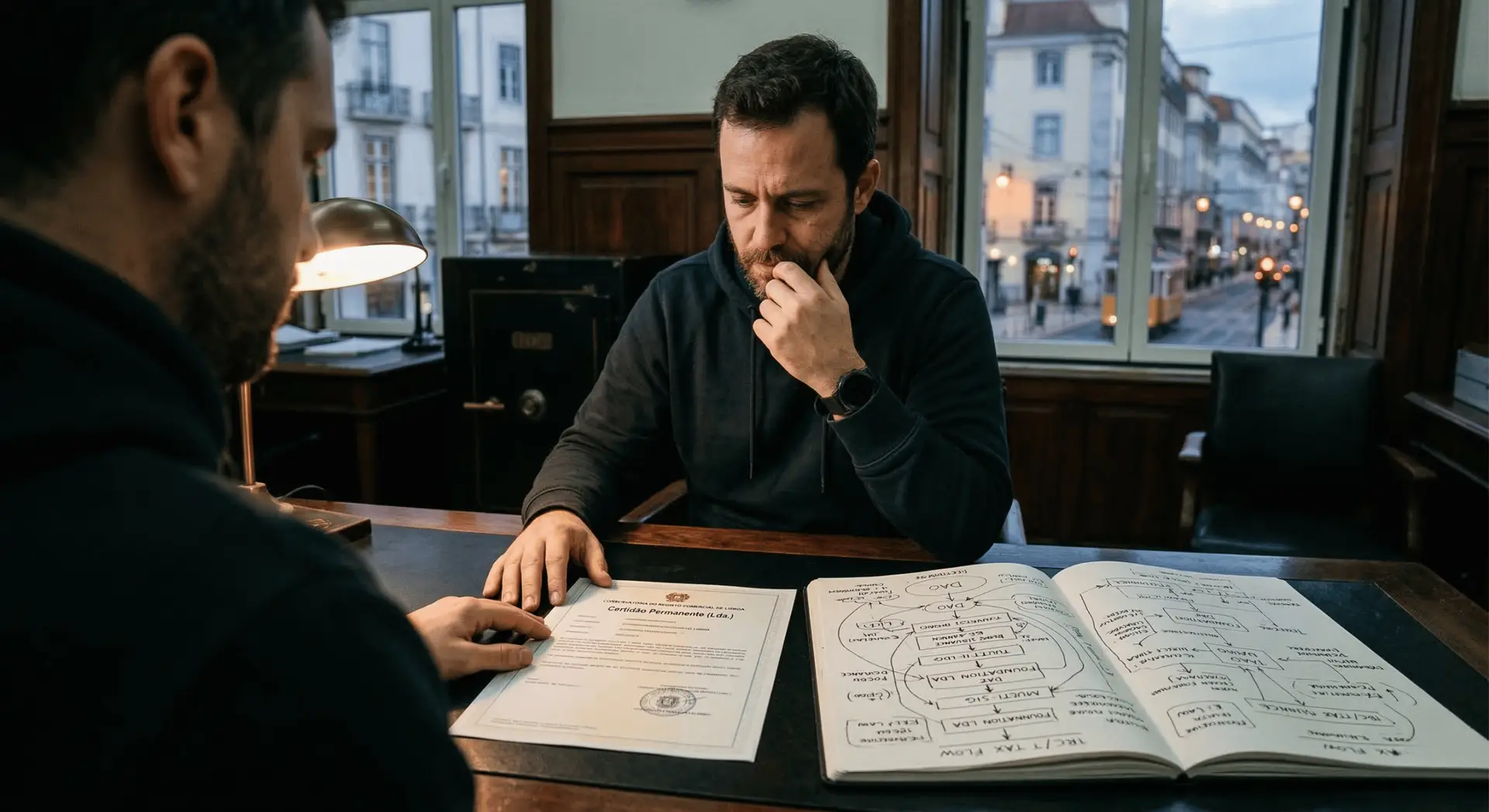 Um fundador cripto stressado à secretária a olhar para uma certidão permanente portuguesa ao lado de um diagrama complexo de tokenomics desenhado à mão num caderno.