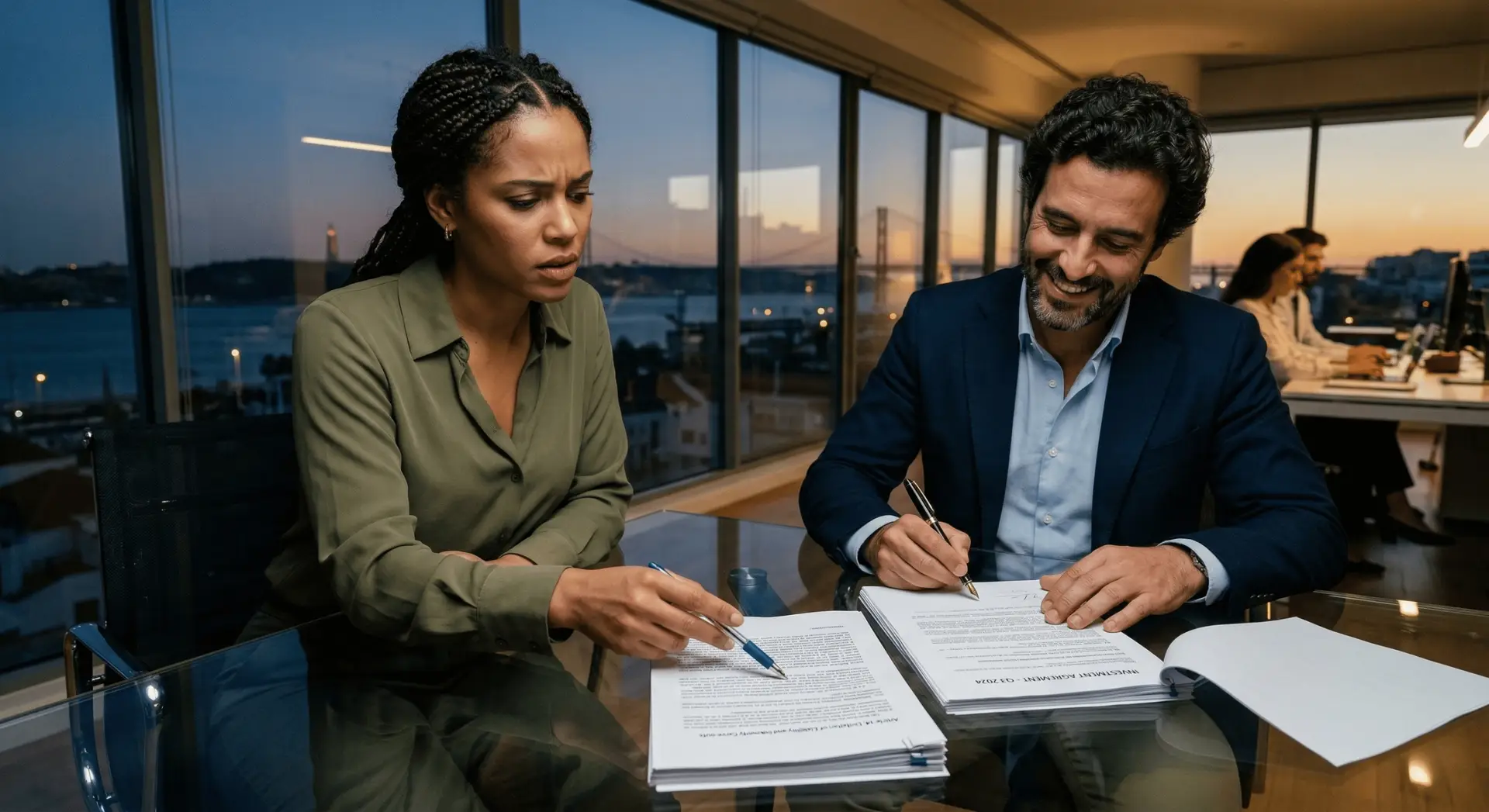 Um fundador de tecnologia confiante a assinar um contrato corporativo enquanto uma consultora jurídica preocupada aponta para uma cláusula de responsabilidade oculta nas entrelinhas.