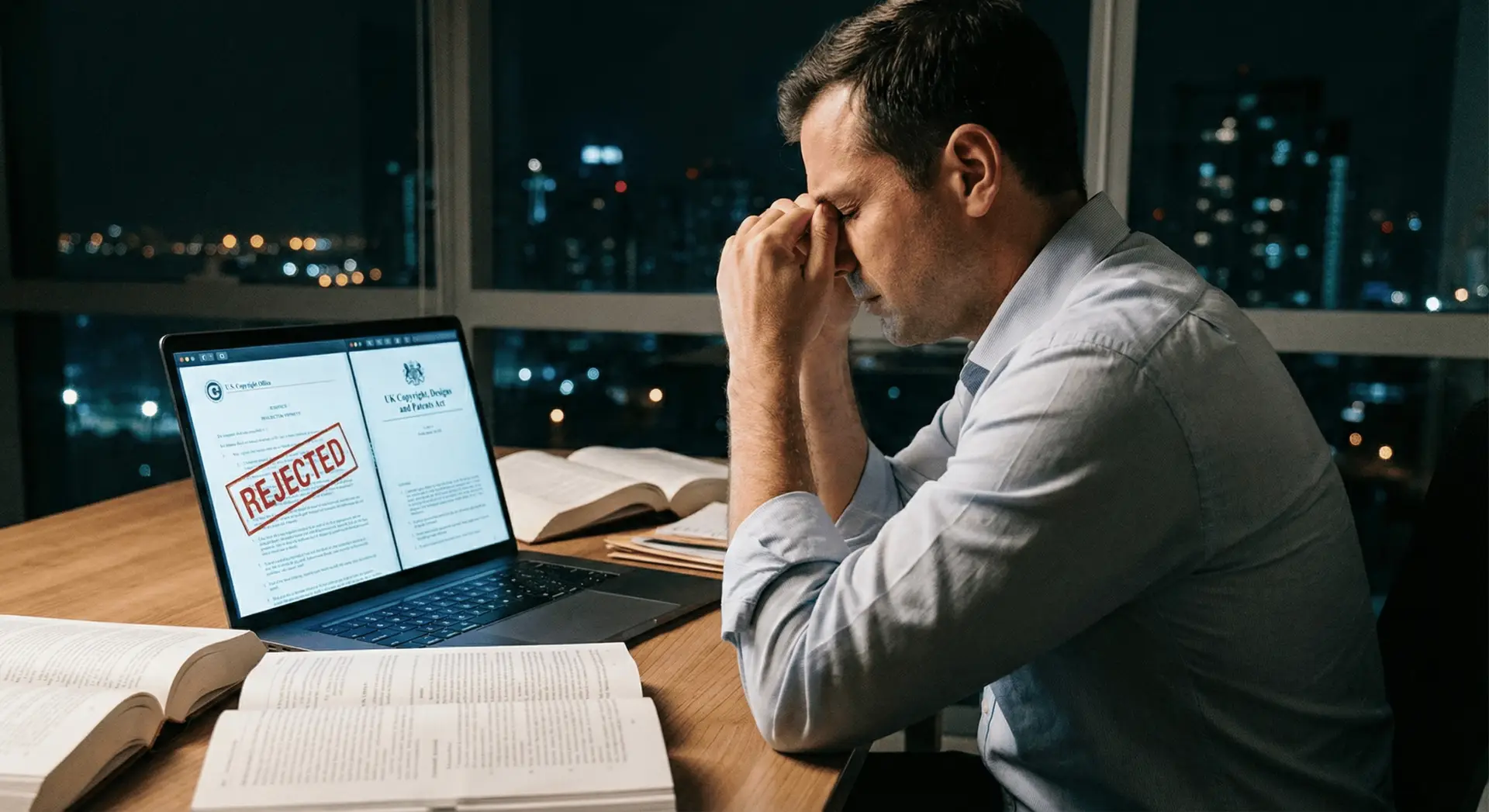 Um advogado de propriedade intelectual stressado num escritório escuro à noite a olhar para um ecrã de portátil que mostra um pedido de copyright rejeitado nos EUA ao lado de documentos legislativos do Reino Unido.