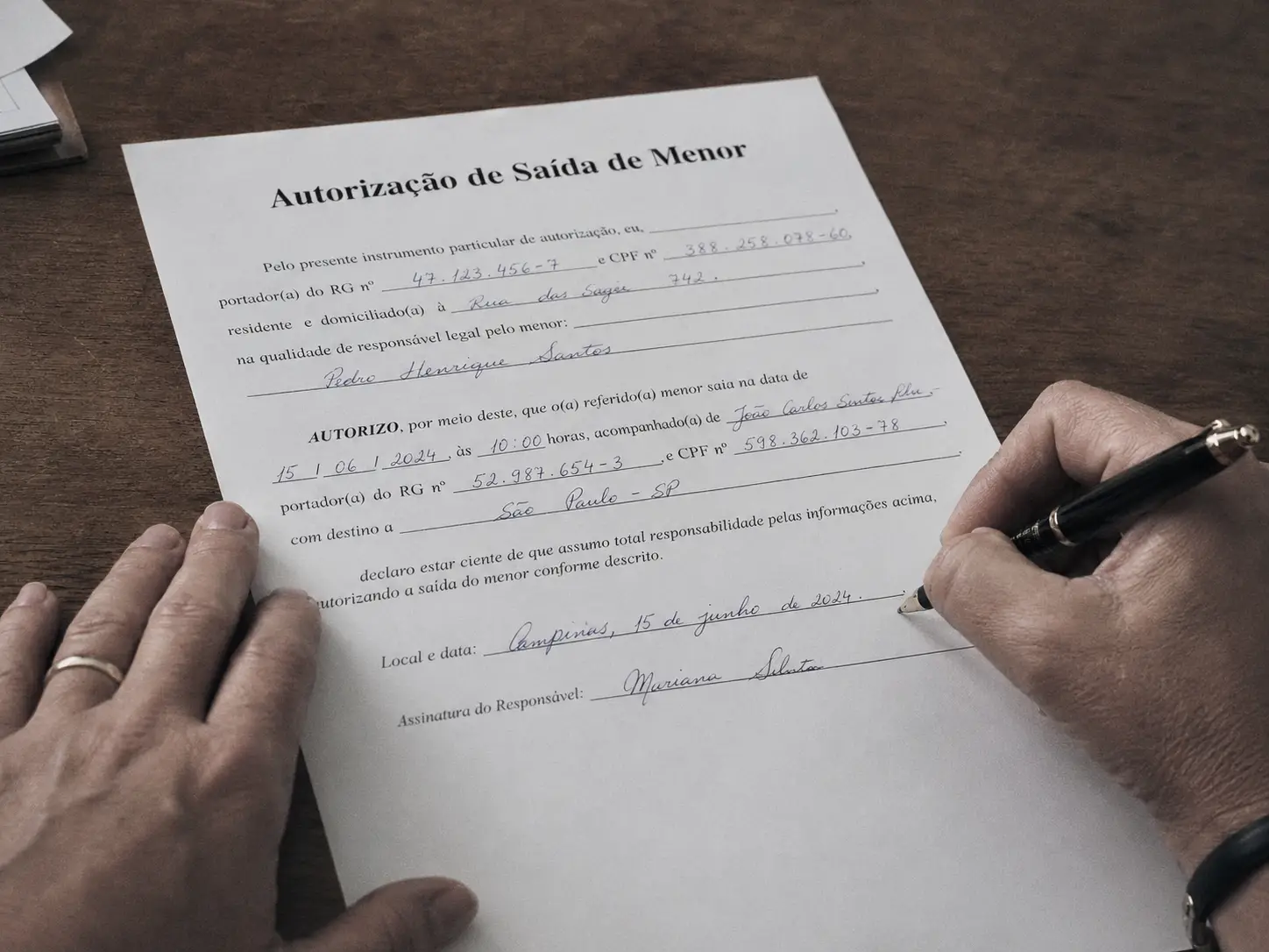 Uma fotografia em grande plano de mãos a assinar e a carimbar um documento legal formal português para a autorização de viagem de um menor numa secretária de madeira.