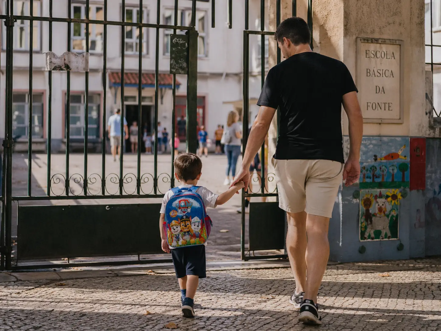 Uma fotografia documental de um progenitor a segurar a mão de uma criança perto do portão de uma escola portuguesa, destacando a mochila da criança e a integração social.