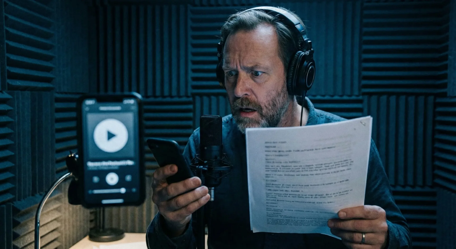 A professional voice actor in a recording booth looking shocked at his smartphone screen, discovering his voice has been cloned by AI on a podcast without his consent.