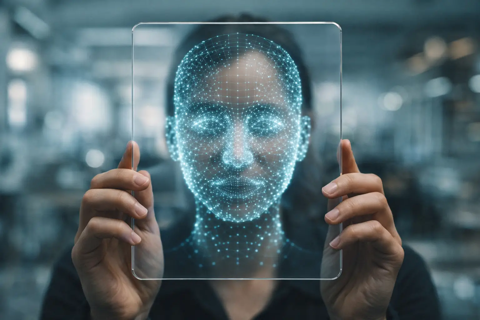 Foto conceptual de uma pessoa a segurar um tablet que sobrepõe uma máscara digital ao seu rosto, simbolizando a violação dos direitos de personalidade e voz.