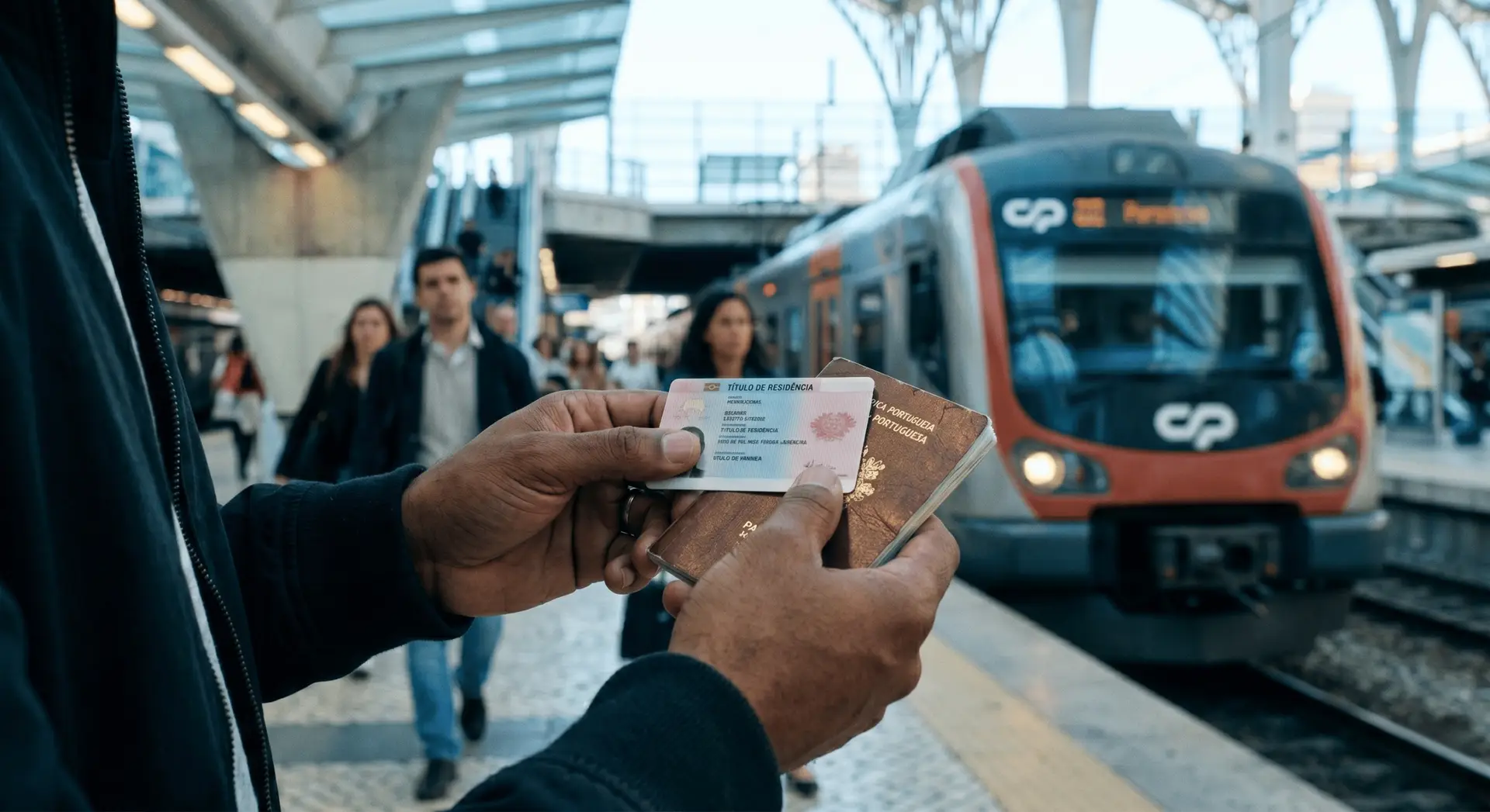 Um grande plano das mãos de uma pessoa a segurar um Título de Residência português e um passaporte internacional numa estação de comboios moderna e movimentada.